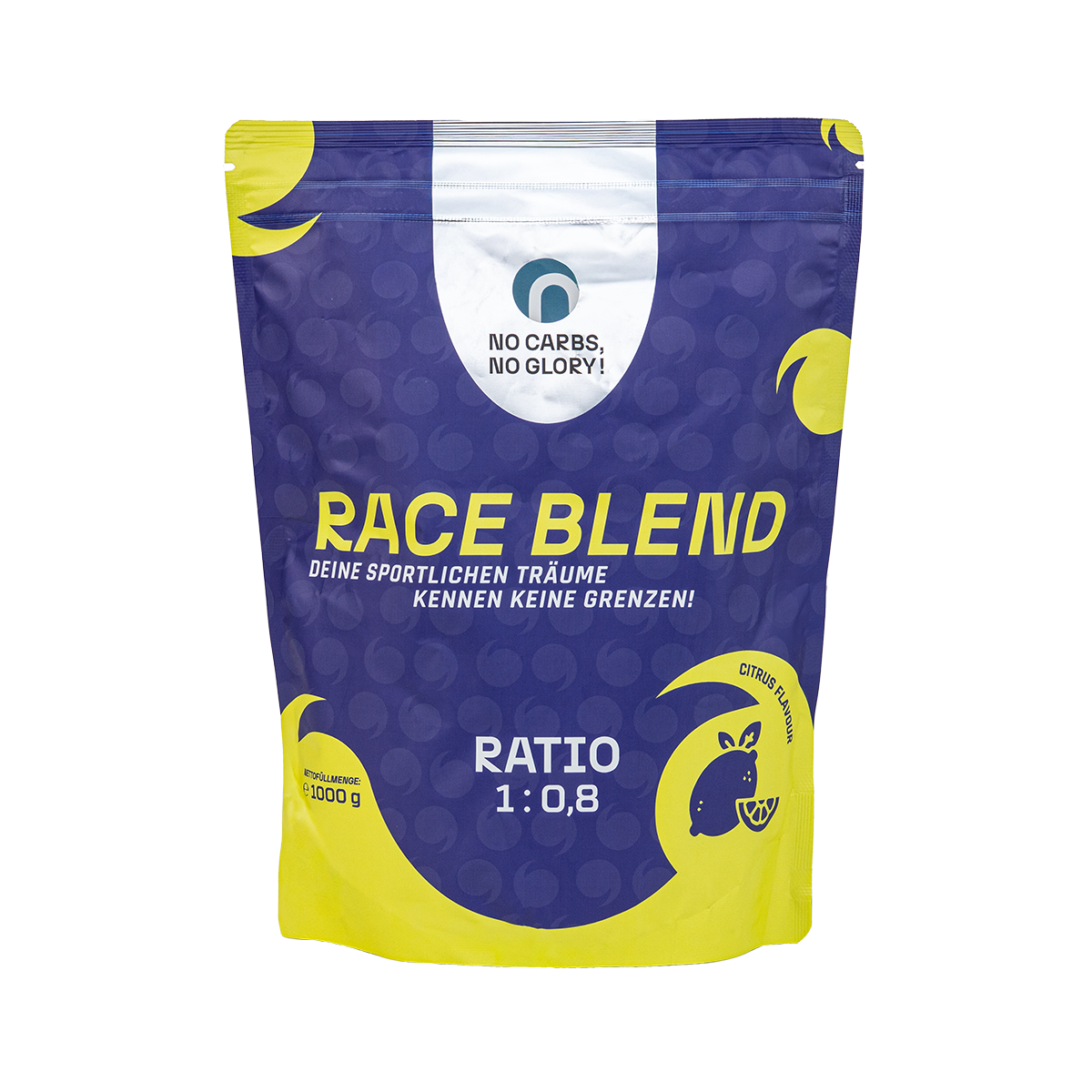 No Carbs No Glory Race Blend Citrus 1000 g – Kohlenhydrat-Getränkepulver im Standbodenbeutel für Radsport & Ultra