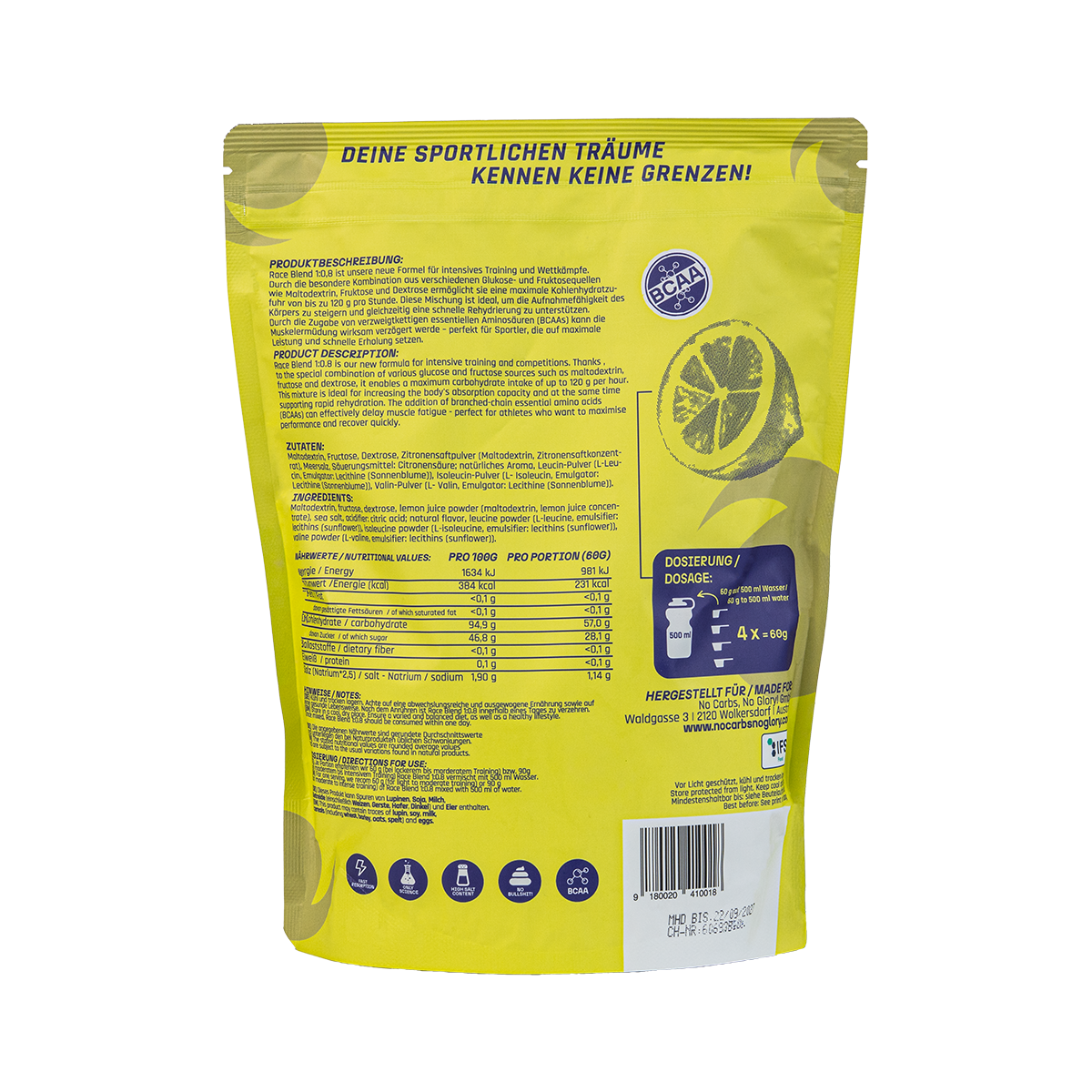 Race Blend Citrus 1000 g Rückseite mit Nährwerten und Zutaten