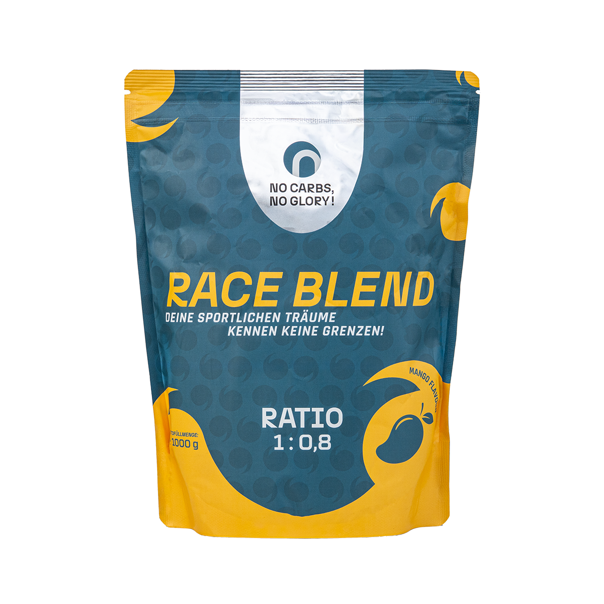No Carbs No Glory Race Blend Mango 1000 g – Kohlenhydrat-Getränkepulver im Standbodenbeutel für Radsport & Ultra
