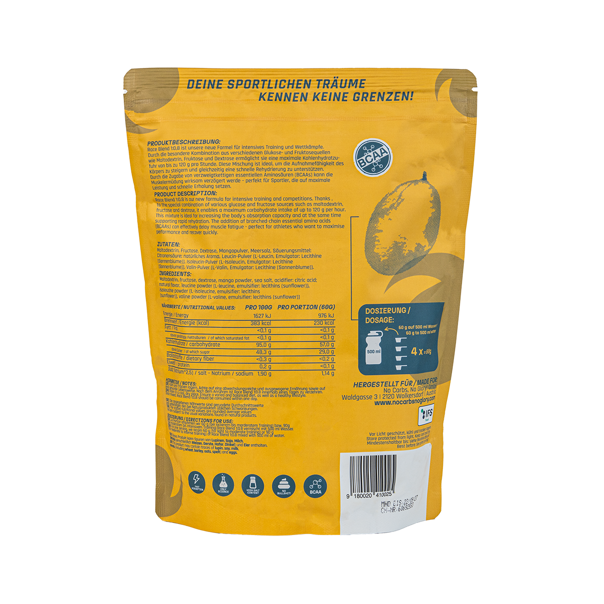 Race Blend Mango 1000 g Rückseite mit Nährwerten und Zutaten